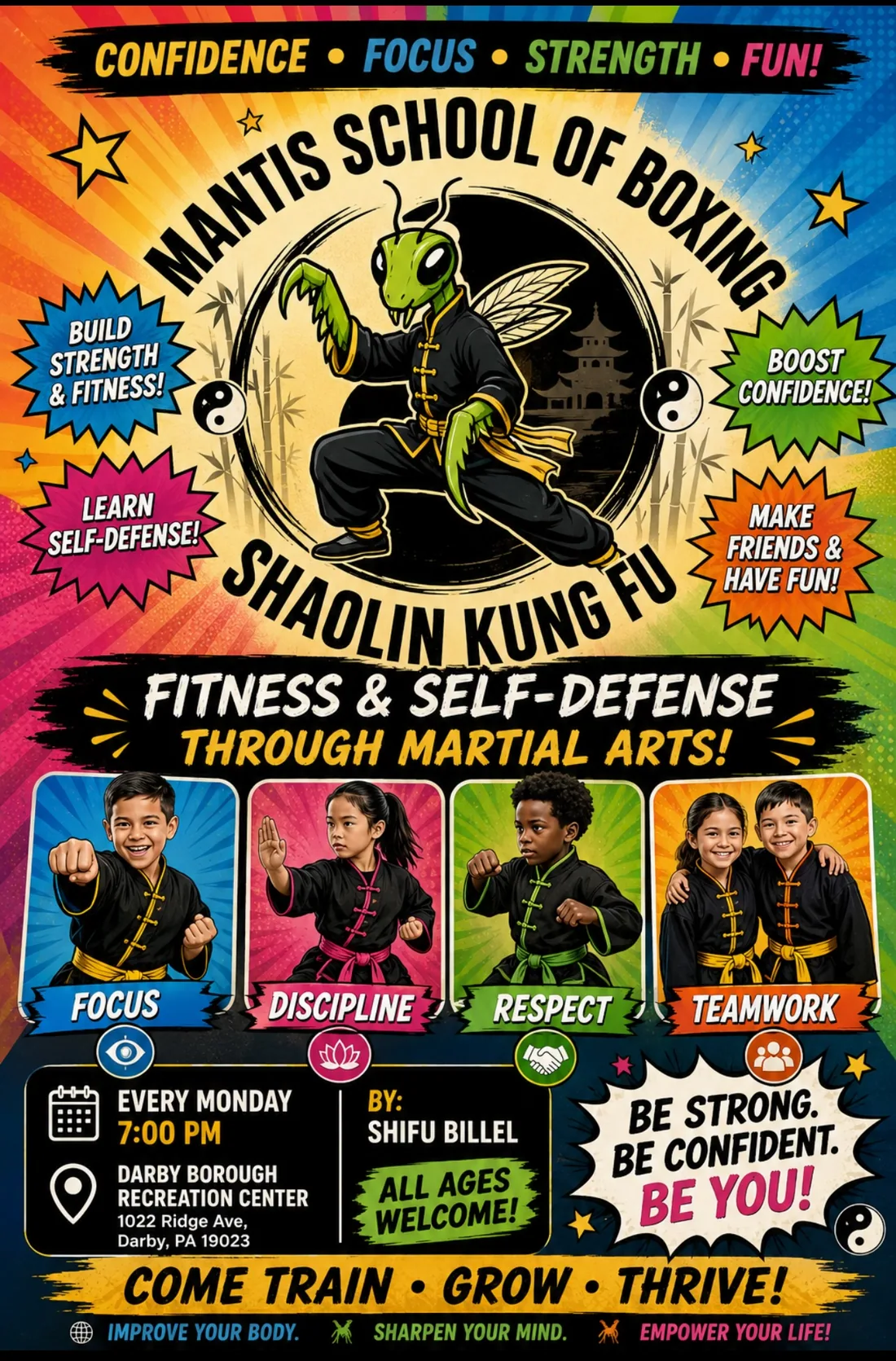 Mantis School of Boxing kids class flyer